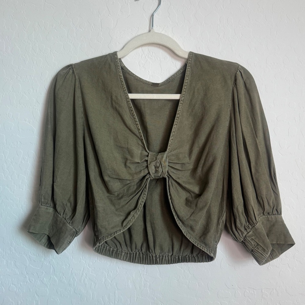 YFB Young Fabulous & Broke Olive‎ Green Linen Blend Knot Front Puff Sleeve Top S